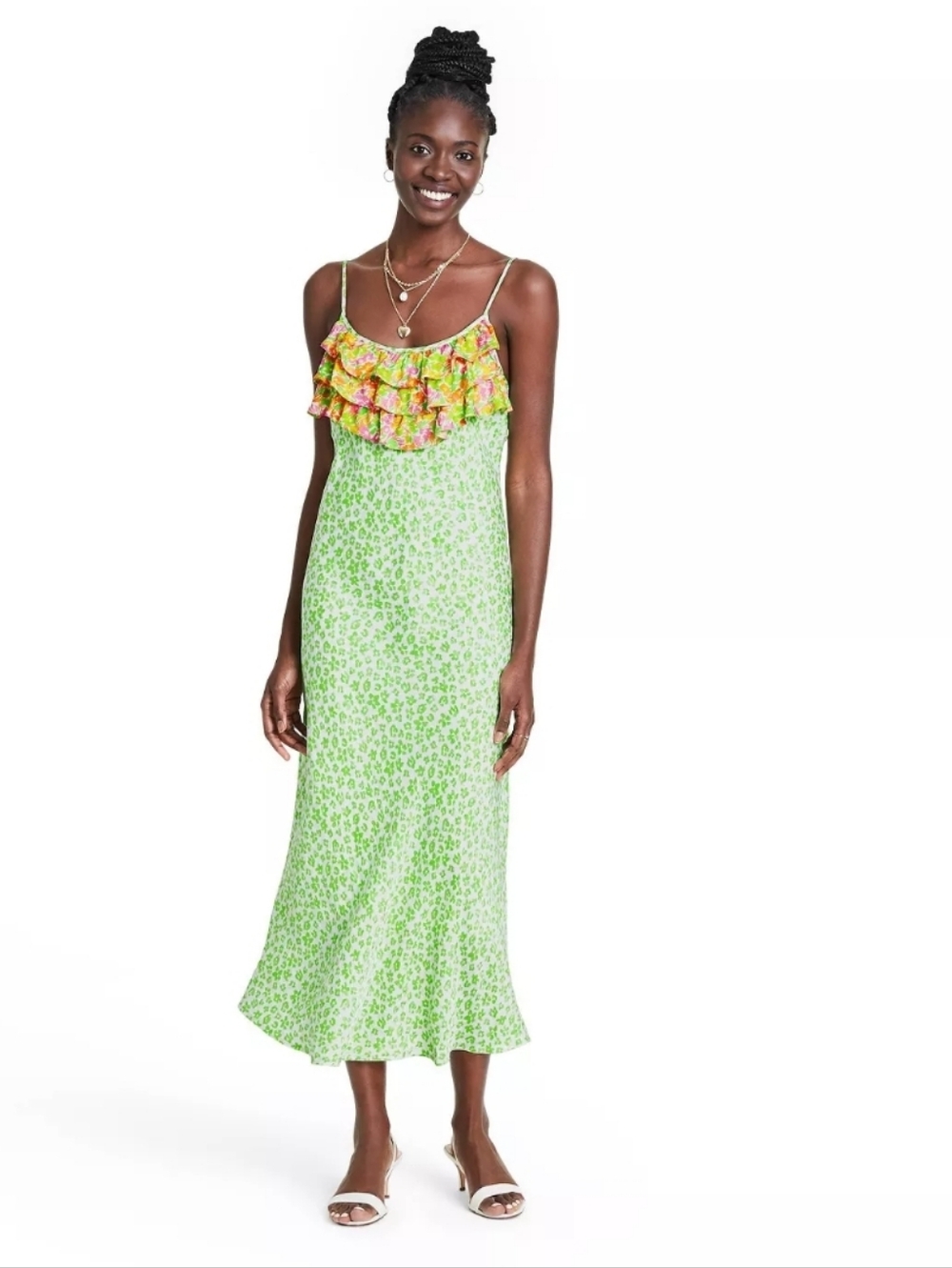 Rixo Targer Vibrant Green Leapord Print Ruffle Midi Maxi Dress Size Medium